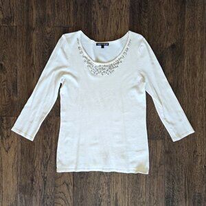 Cable & Gauge Ivory Beaded Scoop Neck 3/4-Sleeve Sweater
